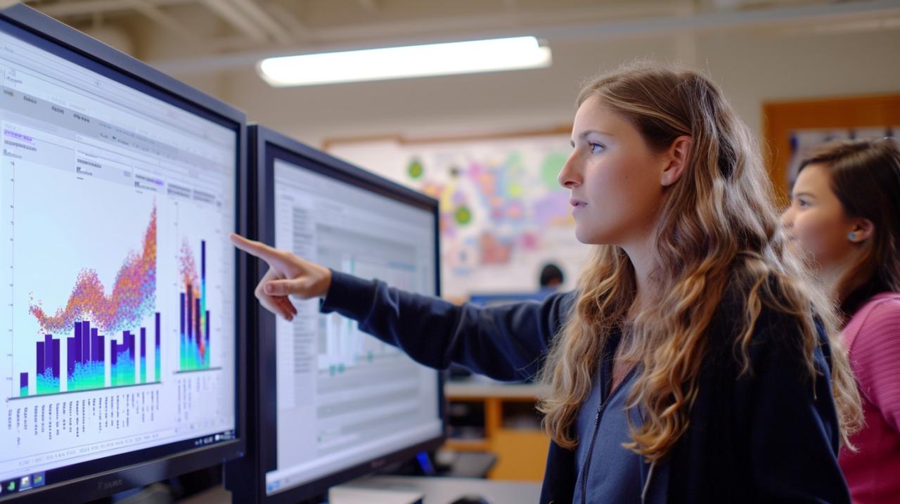 In an environment that suggests a focus on data and analytics, two individuals stand in front of a large computer display, intently examining a colorful data graph that sprawls across the screen. The poise and concentration of the person pointing at the graph, coupled with the attentive gaze of her colleague, underscore a collaborative effort in data interpretation. These professionals appear to be deciphering trends, patterns, and insights, indicative of work in fields such as finance, marketing, research or any other domain that relies heavily on data-driven decision-making.