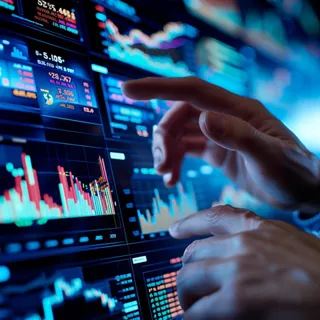 In a futuristic setup, a finance expert is carefully examining a vibrant display of fluctuating stock market charts. On a sophisticated digital interface, their fingers hover and point at critical data points, indicating a deep analysis of market trends and investment opportunities. The scene is a snapshot of the fast-paced world of finance where technology and human expertise blend to make strategic decisions.