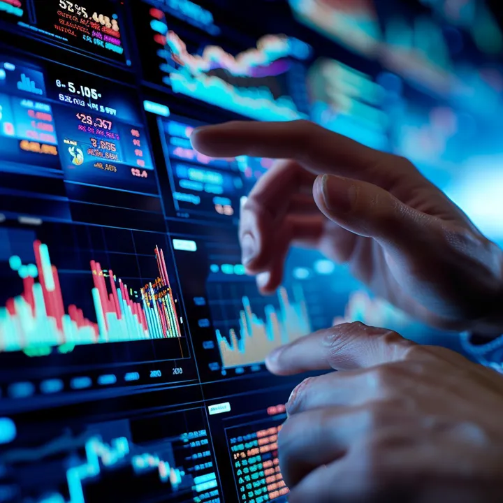 In a futuristic setup, a finance expert is carefully examining a vibrant display of fluctuating stock market charts. On a sophisticated digital interface, their fingers hover and point at critical data points, indicating a deep analysis of market trends and investment opportunities. The scene is a snapshot of the fast-paced world of finance where technology and human expertise blend to make strategic decisions.