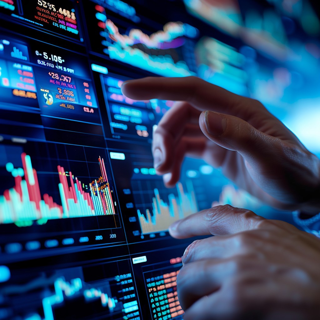 In a futuristic setup, a finance expert is carefully examining a vibrant display of fluctuating stock market charts. On a sophisticated digital interface, their fingers hover and point at critical data points, indicating a deep analysis of market trends and investment opportunities. The scene is a snapshot of the fast-paced world of finance where technology and human expertise blend to make strategic decisions.