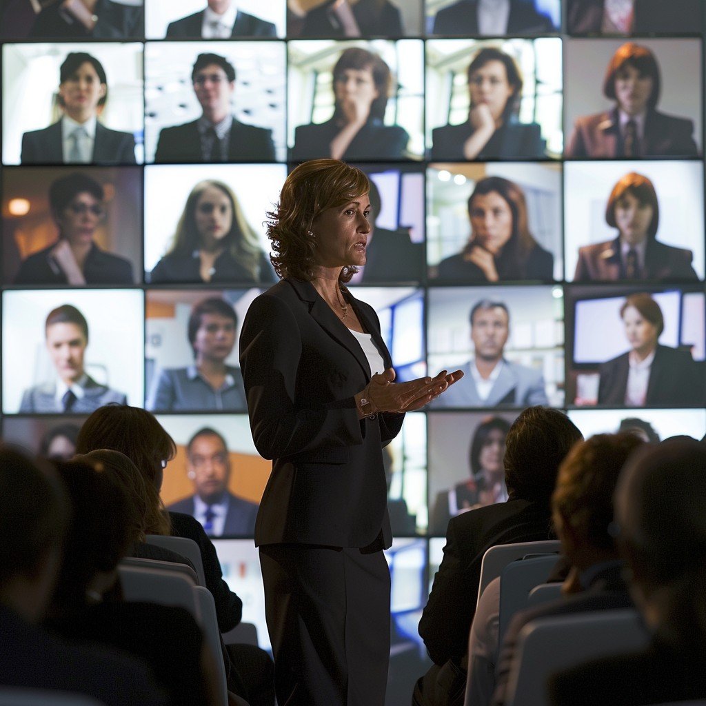 In this photo, a business professional stands confidently in front of an audience during a corporate event. Behind her, a large display screen shows the faces of multiple participants, suggesting a video conference or a virtual component to the meeting. The atmosphere hints at a blend of live and digital interaction, common in modern business conferences, emphasizing the growing trend of remote connectivity in professional environments.