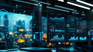 This image showcases a sophisticated data analysis dashboard with multiple computer screens displaying a variety of live data metrics, graphs, and charts. The ambient lighting and futuristic design of the room suggest a high-tech environment, possibly within a data center or a control room. The overlaid digital interfaces hint at the integration of modern software solutions for real-time monitoring, data processing, or market analysis, highlighting the importance of big data in business and technology.
