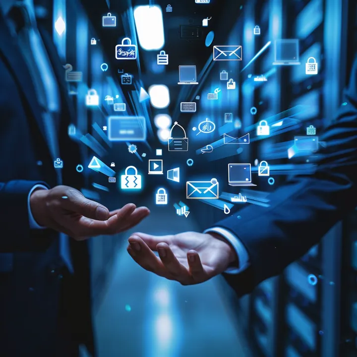 In the depths of a modern server room, a businessperson stands with hands outstretched as icons and symbols of contemporary digital life float in a seemingly infinite stream from their palms. This representation of big data and cloud computing highlights the depth and complexity of managing information in the digital era. It's an illustration of how technology intertwines with corporate structures to facilitate communication, enhance security, and drive innovation.