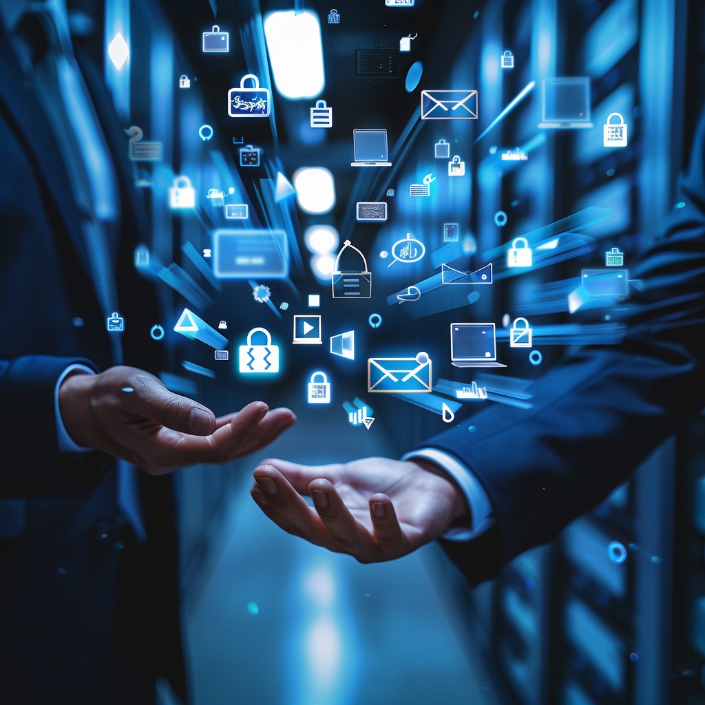 In the depths of a modern server room, a businessperson stands with hands outstretched as icons and symbols of contemporary digital life float in a seemingly infinite stream from their palms. This representation of big data and cloud computing highlights the depth and complexity of managing information in the digital era. It's an illustration of how technology intertwines with corporate structures to facilitate communication, enhance security, and drive innovation.