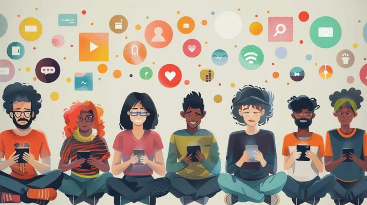 This vibrant illustration captures the essence of the digital age, showcasing a diverse group of stylized characters engrossed in their electronic devices. Each individual is absorbed in their own virtual world, highlighted by a whimsical array of floating social media symbols and communication icons that seem to emanate from their screens. The depiction is a testament to the ubiquitous influence of technology on contemporary life and how social platforms are an integral part of our daily interactions.