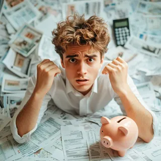 A young man appears overwhelmed and anxious as he sits amidst a chaotic spread of bills and financial documents. His expression is one of despair and confusion, highlighting the stress of financial management. A piggy bank sits nearby, symbolizing savings and financial goals, which contrasts with the disarray around him. This setting underscores the challenges many face with personal finance and the importance of effective financial planning.