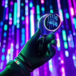 In a vivid display of modern technology, a hand emerges, clad in a glove that emits a subtle glow, contrasting dramatically against a mesmerizing array of neon lights. The central focus is a digital orb, held delicately between the fingers, radiating a pattern that resembles binary codes or data streams. This spectacle not only highlights the intersection of human interaction and advanced technology but also paints a picture of a future where digital and physical realities intertwine seamlessly.