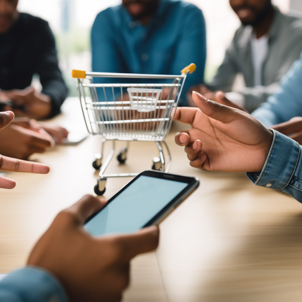In a well-lit office space, a group of focused professionals are seen gathered around a small table. At the center of their attention is a miniature shopping cart, symbolizing the focus of their discussion on e-commerce solutions. The presence of a smartphone in the foreground indicates a likely emphasis on mobile commerce, reflecting the current trends in shopping habits. The individuals, while not in focus, seem engaged, suggesting a collaborative atmosphere where ideas and strategies are exchanged actively.