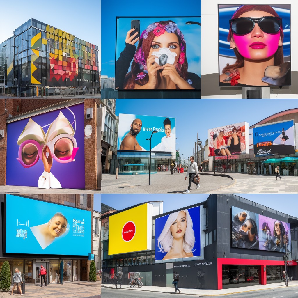 This photo presents a fascinating montage of various advertisements that permeate urban landscapes, each vying for attention with its own splash of color and creative design. The images range from fashion and beauty to abstract art, each billboard offering a glimpse into the diverse array of products, services, and messages that contribute to the pulsating energy of city life. The collection reflects the intersection of commerce, art, and the everyday hustle, illustrating how public spaces are transformed into arenas of visual stimulation.