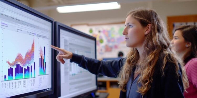 In an environment that suggests a focus on data and analytics, two individuals stand in front of a large computer display, intently examining a colorful data graph that sprawls across the screen. The poise and concentration of the person pointing at the graph, coupled with the attentive gaze of her colleague, underscore a collaborative effort in data interpretation. These professionals appear to be deciphering trends, patterns, and insights, indicative of work in fields such as finance, marketing, research or any other domain that relies heavily on data-driven decision-making.