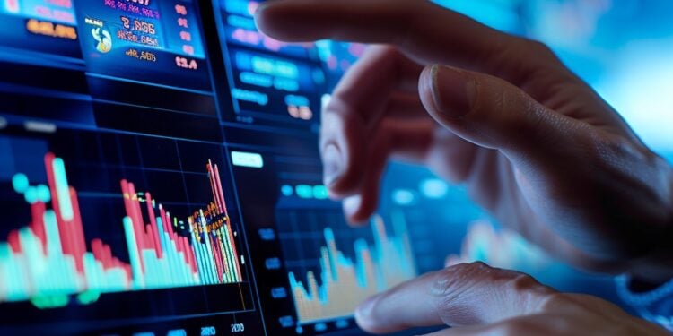 In a futuristic setup, a finance expert is carefully examining a vibrant display of fluctuating stock market charts. On a sophisticated digital interface, their fingers hover and point at critical data points, indicating a deep analysis of market trends and investment opportunities. The scene is a snapshot of the fast-paced world of finance where technology and human expertise blend to make strategic decisions.