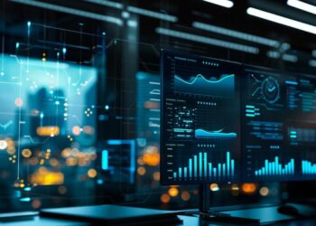 This image showcases a sophisticated data analysis dashboard with multiple computer screens displaying a variety of live data metrics, graphs, and charts. The ambient lighting and futuristic design of the room suggest a high-tech environment, possibly within a data center or a control room. The overlaid digital interfaces hint at the integration of modern software solutions for real-time monitoring, data processing, or market analysis, highlighting the importance of big data in business and technology.