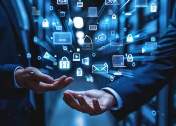 In the depths of a modern server room, a businessperson stands with hands outstretched as icons and symbols of contemporary digital life float in a seemingly infinite stream from their palms. This representation of big data and cloud computing highlights the depth and complexity of managing information in the digital era. It's an illustration of how technology intertwines with corporate structures to facilitate communication, enhance security, and drive innovation.