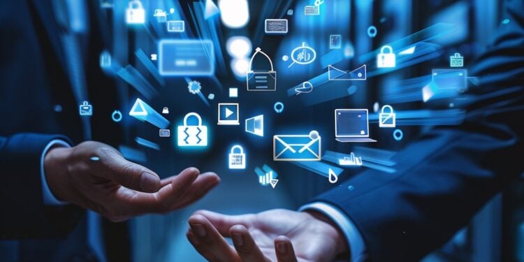 In the depths of a modern server room, a businessperson stands with hands outstretched as icons and symbols of contemporary digital life float in a seemingly infinite stream from their palms. This representation of big data and cloud computing highlights the depth and complexity of managing information in the digital era. It's an illustration of how technology intertwines with corporate structures to facilitate communication, enhance security, and drive innovation.