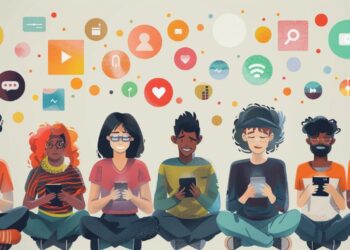 This vibrant illustration captures the essence of the digital age, showcasing a diverse group of stylized characters engrossed in their electronic devices. Each individual is absorbed in their own virtual world, highlighted by a whimsical array of floating social media symbols and communication icons that seem to emanate from their screens. The depiction is a testament to the ubiquitous influence of technology on contemporary life and how social platforms are an integral part of our daily interactions.