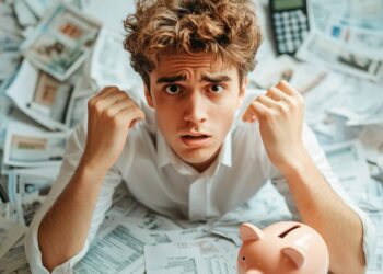 A young man appears overwhelmed and anxious as he sits amidst a chaotic spread of bills and financial documents. His expression is one of despair and confusion, highlighting the stress of financial management. A piggy bank sits nearby, symbolizing savings and financial goals, which contrasts with the disarray around him. This setting underscores the challenges many face with personal finance and the importance of effective financial planning.