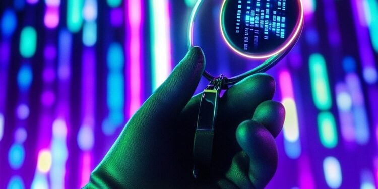 In a vivid display of modern technology, a hand emerges, clad in a glove that emits a subtle glow, contrasting dramatically against a mesmerizing array of neon lights. The central focus is a digital orb, held delicately between the fingers, radiating a pattern that resembles binary codes or data streams. This spectacle not only highlights the intersection of human interaction and advanced technology but also paints a picture of a future where digital and physical realities intertwine seamlessly.