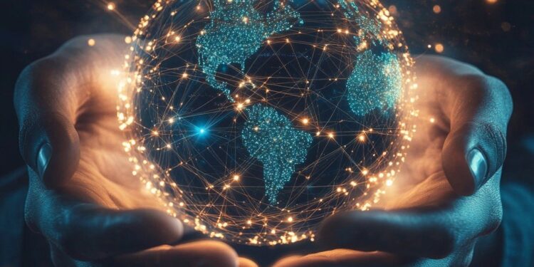 In the image, two hands cup a luminous globe filled with light and digital graphics that represent the connectivity of the modern digital world. The glow emanates warmth and innovation, symbolizing global unity and the spread of technology that connects disparate parts of the world. This intricate display of lights and digital networks showcases the profound impact of technology and how it continues to shape interactions on a global scale.