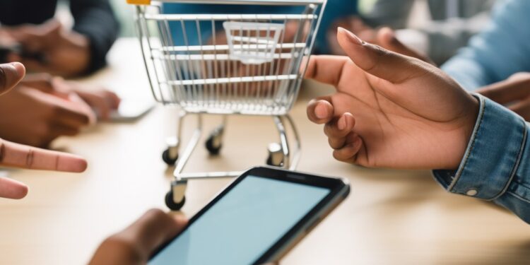 In a well-lit office space, a group of focused professionals are seen gathered around a small table. At the center of their attention is a miniature shopping cart, symbolizing the focus of their discussion on e-commerce solutions. The presence of a smartphone in the foreground indicates a likely emphasis on mobile commerce, reflecting the current trends in shopping habits. The individuals, while not in focus, seem engaged, suggesting a collaborative atmosphere where ideas and strategies are exchanged actively.