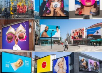 This photo presents a fascinating montage of various advertisements that permeate urban landscapes, each vying for attention with its own splash of color and creative design. The images range from fashion and beauty to abstract art, each billboard offering a glimpse into the diverse array of products, services, and messages that contribute to the pulsating energy of city life. The collection reflects the intersection of commerce, art, and the everyday hustle, illustrating how public spaces are transformed into arenas of visual stimulation.